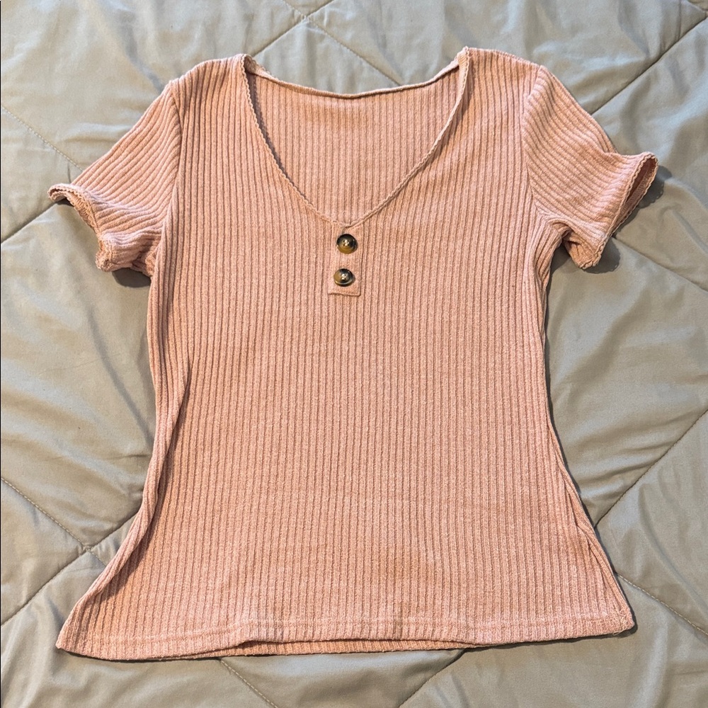 Ribbed Pink V-Neck Buttoned Women's Top